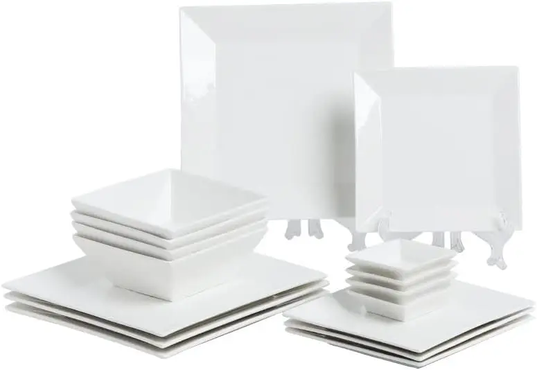 

16-Piece Classic Square Dinnerware Set for 4-Square Dinner Plates, Dessert Plates, Bowls & Dipping