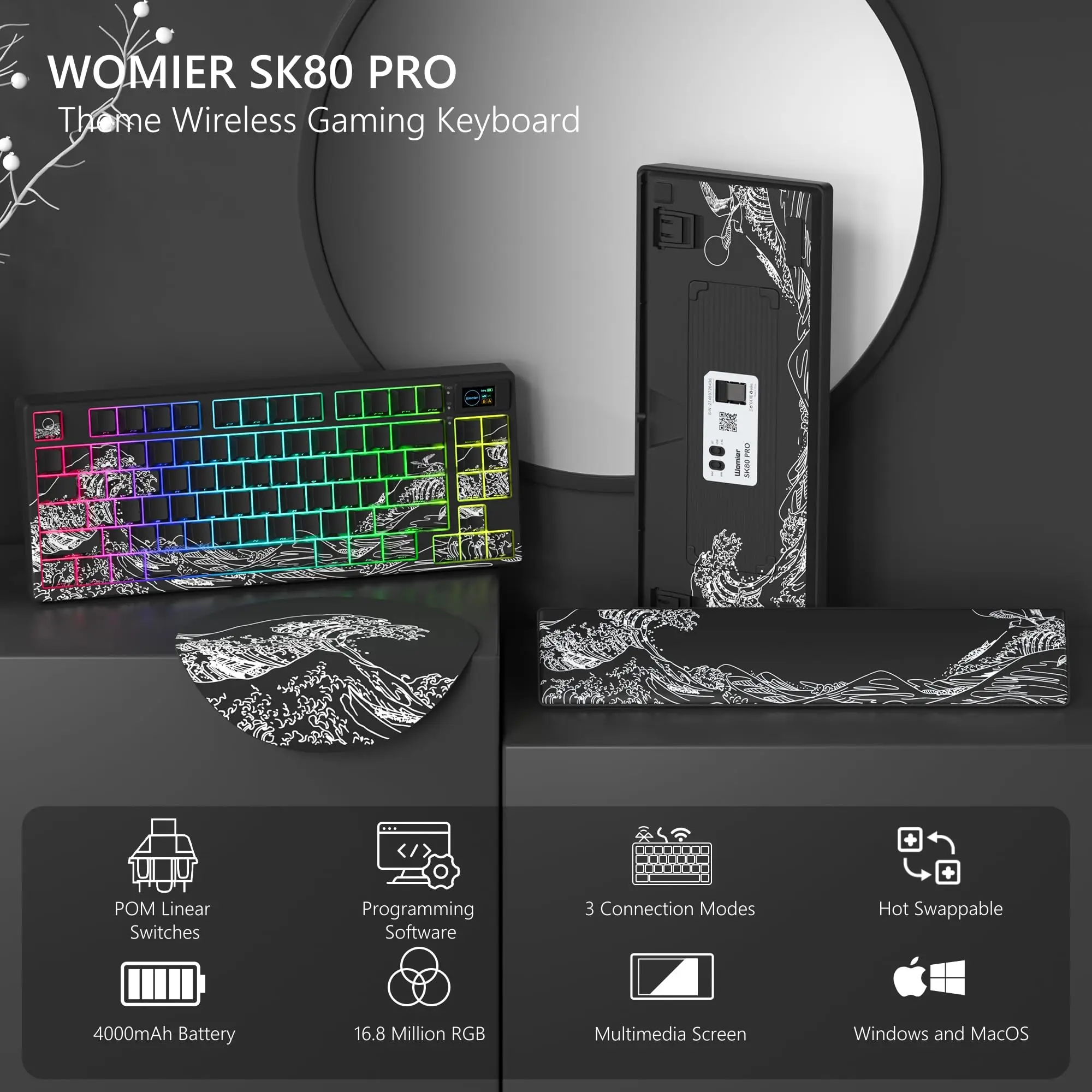 WOMIER SK80 Pro Wireless Mechanical Gaming Keyboard 3-Modes Hot Swappable w/Wrist Rest+Mouse Pad Gasket Keyboard for Mac/Win