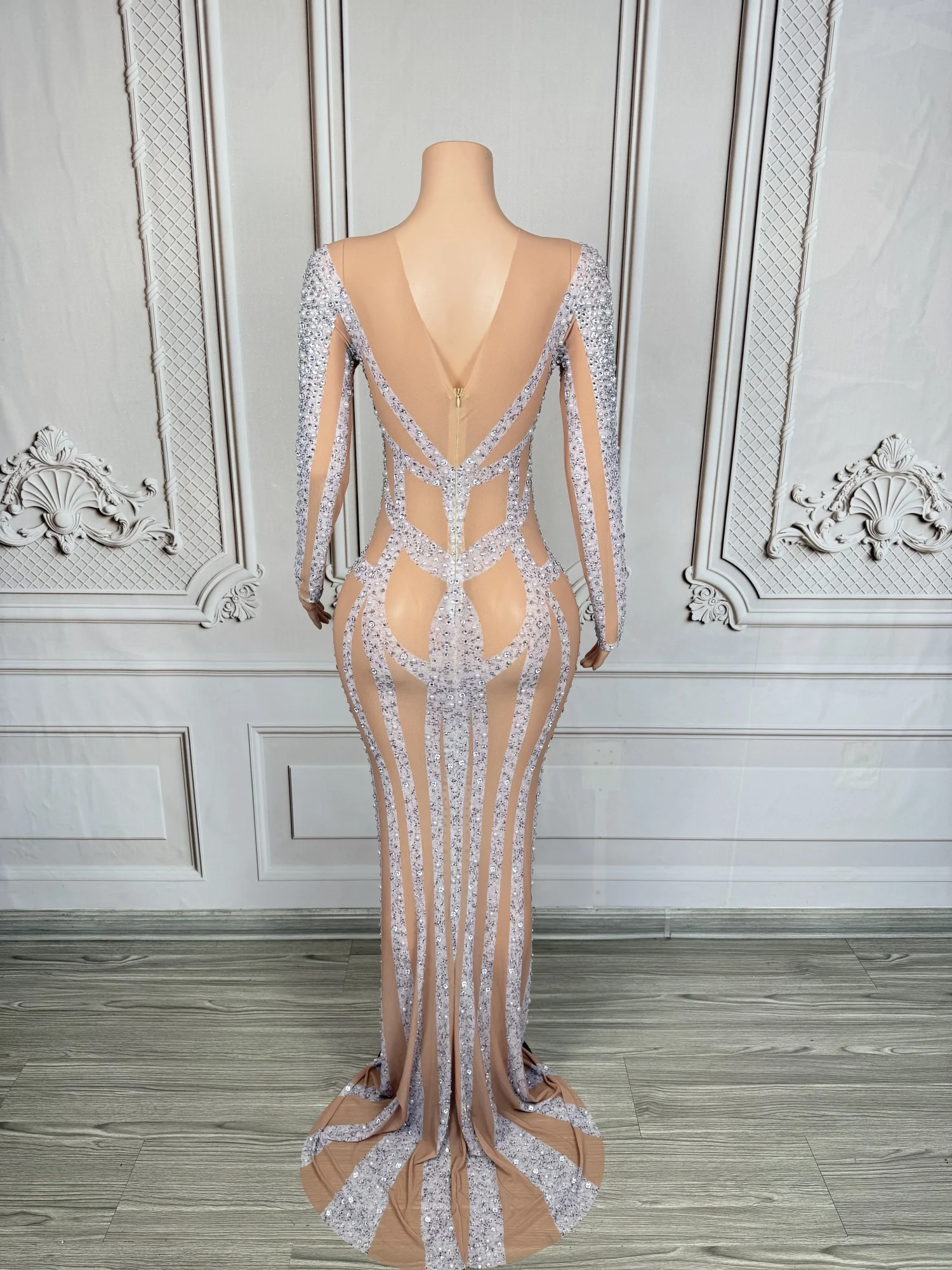 Bengdai Womens Luxury Silver Rhinestone Sheer Mesh Maxi Dress Long Sleeve Bodycon Formal Evening Party Prom Gown With Train