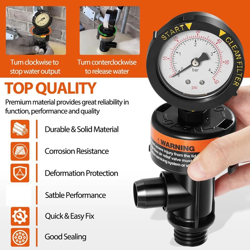 ABGR-2 PACK 98209800 Manual Relief Valve/Air Relief Manual Valve With Pressure Gauge, Replacement For Pool And Spa Filter