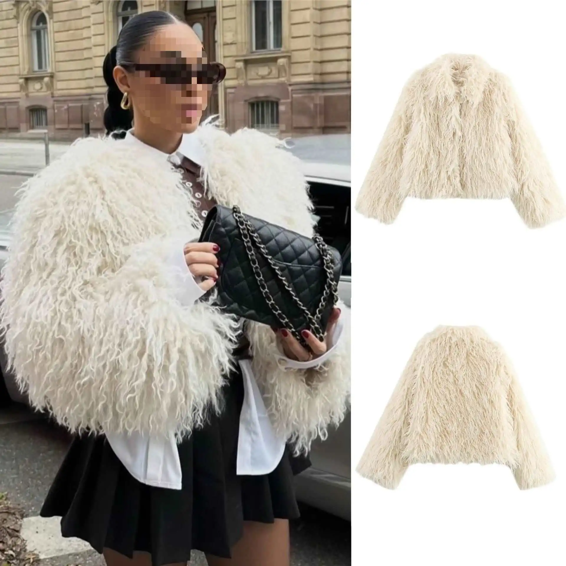 

Thick Warm Y2k Streetwear Elegant Splice Open Stitch Outerwear Autumn Winter White Faux Fur Thick Coat Women Stand Collar Jacket