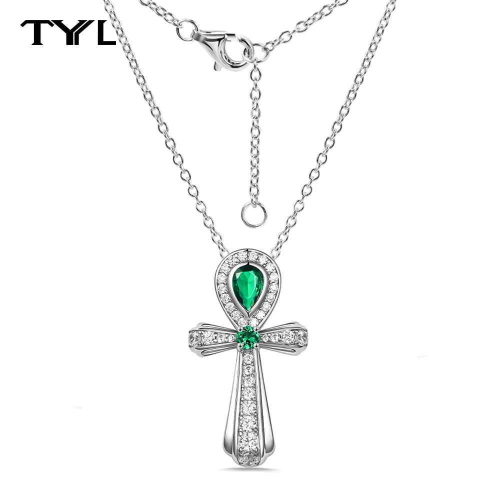 TYYL Pear Cut Lab Grown Emerald Cross Pendant VVS1 Moissanite 925 Silver Necklace For Women Men Necklaces Designer Neck Jewelry