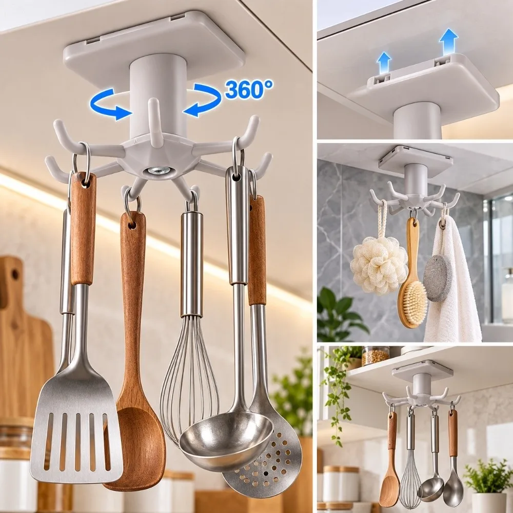 3pcs 360 Degree Rotation Under Cabinet Hooks Strong Bearing 6 Claws Design Kitchen Utensil Hooks Adhesive Hanging Rack