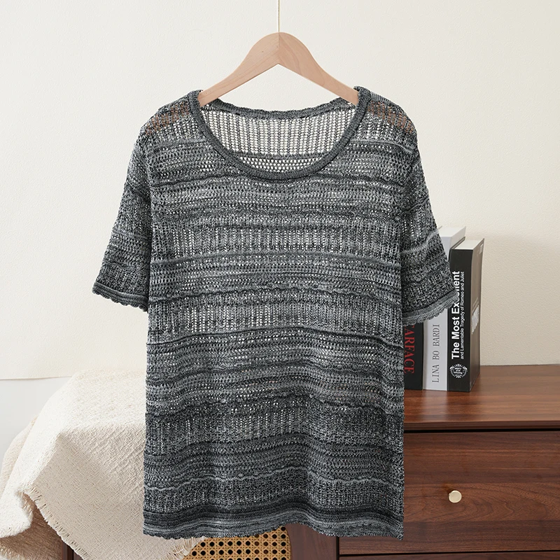 Summer 100% Lyocell Women's T-shirt Casual Hollow Knitted Head Short Sleeve Loose Round Neck Tees Fashion Tops