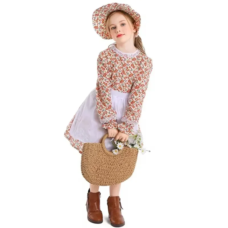 3 pçs/set floral colonial fazenda aldeia menina cosplay traje pioneiro pradaria vestido bonnet crianças meninas 4-16y adolescentes