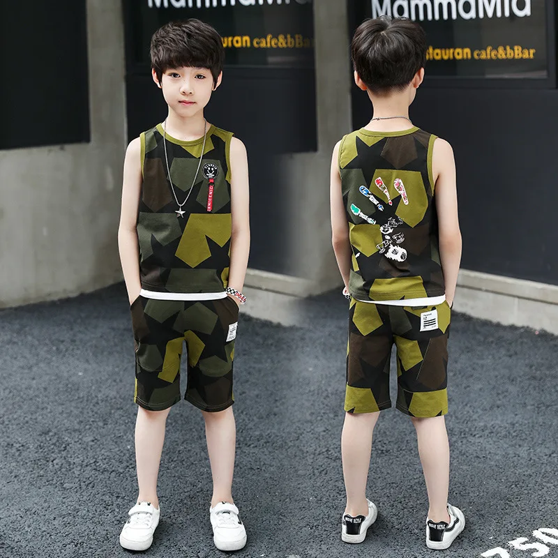 

Boys Clothing Sets Fashion Summer Solid Cotton Camouflage Tops Shorts Kids Boys Suit Casual Style Children Sets 4 6 8 10 12 Year