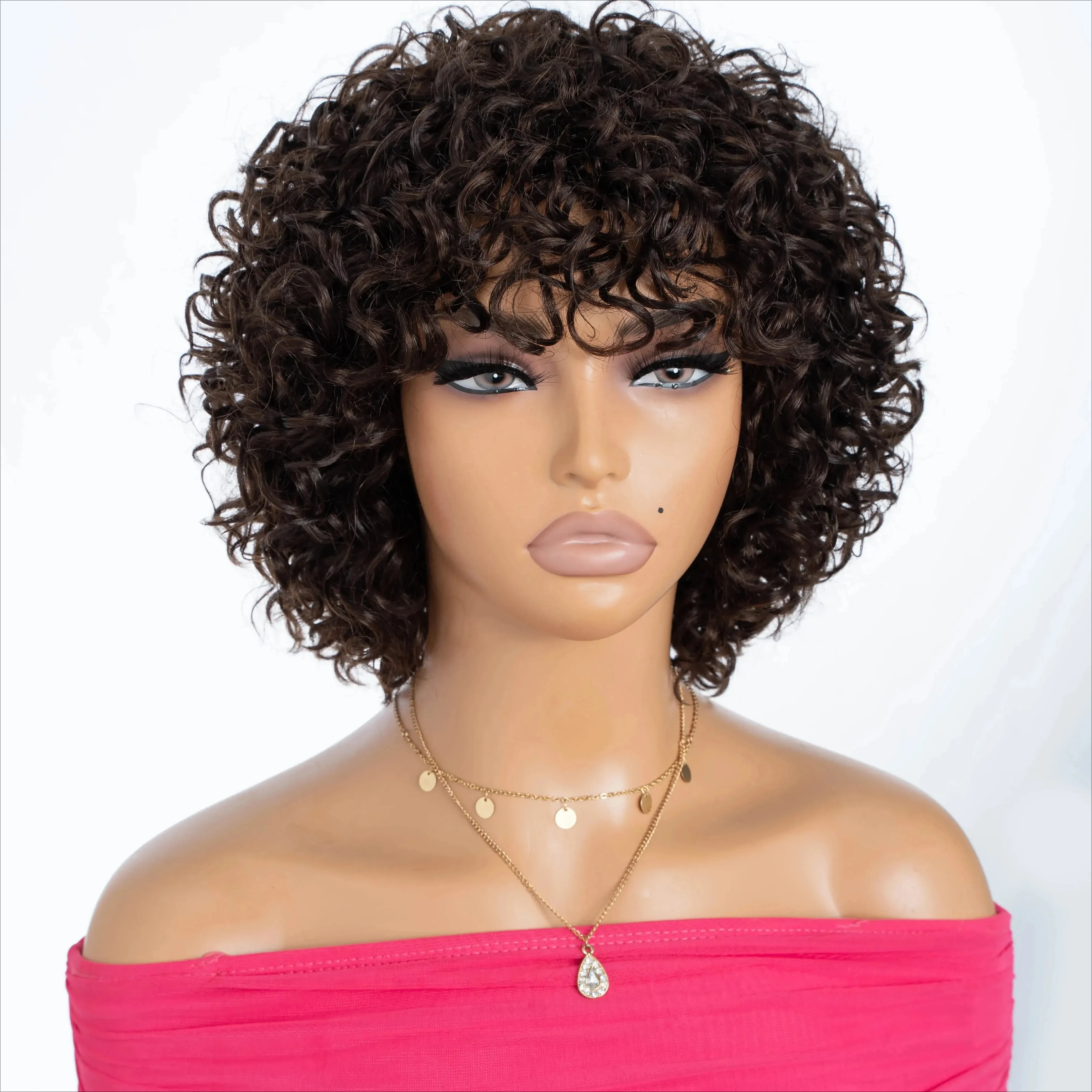 Voluminous Fluffy Pixie Cut Short Curly Human Hair Wigs with Bangs Machine Made Real Hair Wigs  Perruque Cheveux Humain