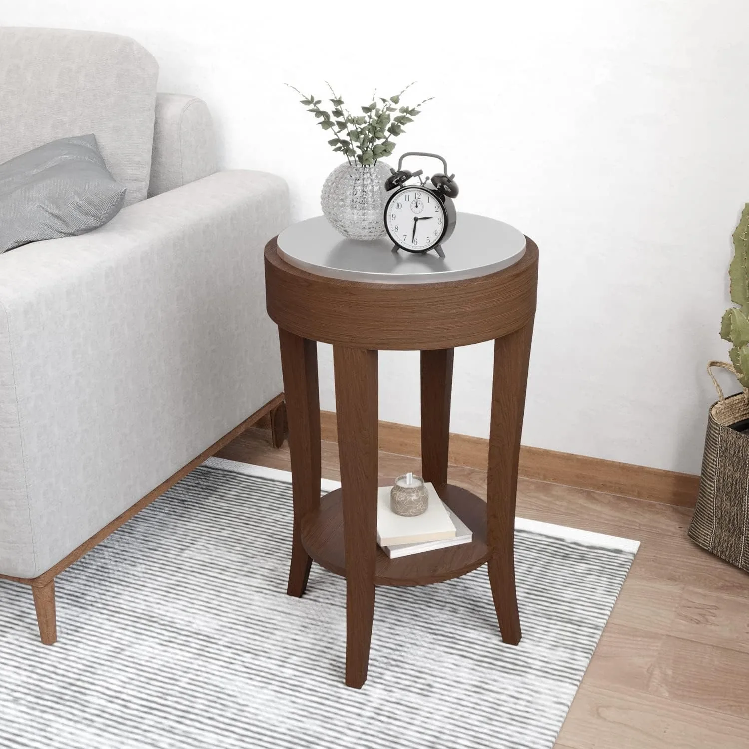 Modern Round Side Table Wooden Accent End Table 2-Tier Storage MDF with Veneer Brush Finishing Shelf Coffee Table Nightstand