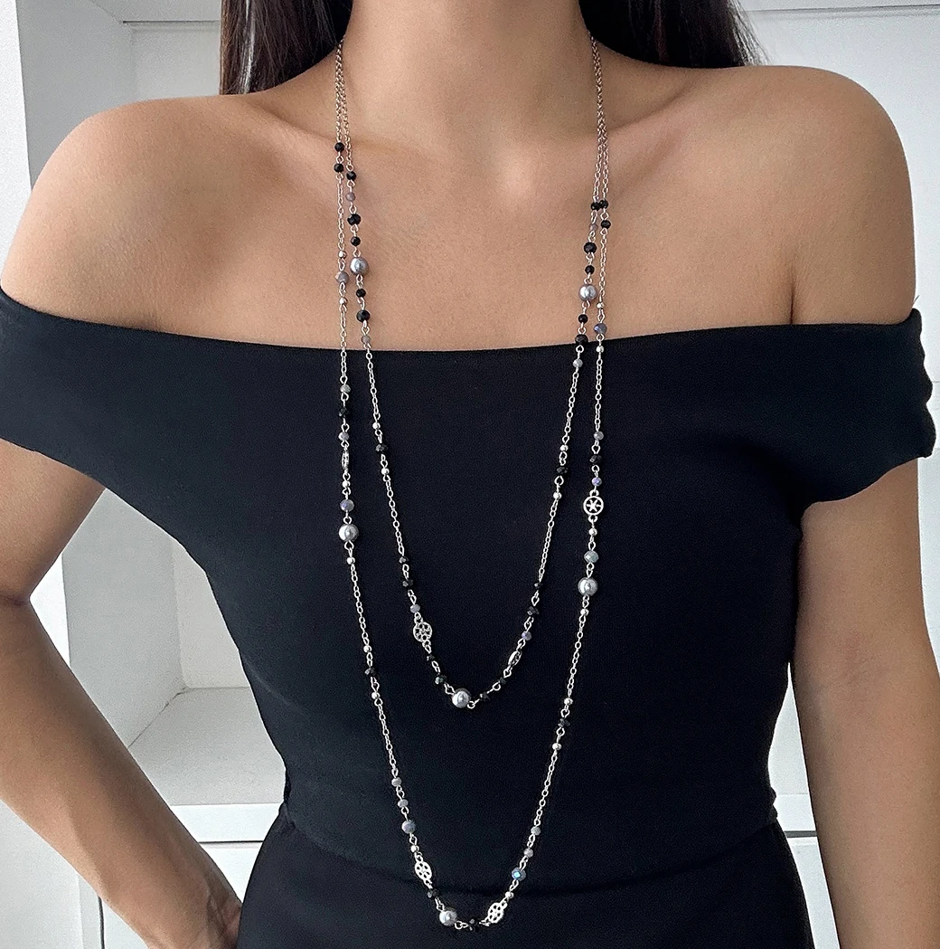 

IngeSight.Z 2pcs/set Creative Designer Crystal Imitation Pearl Beads Chain Necklace Woman Trendy Party Chest Necklace Jewelry
