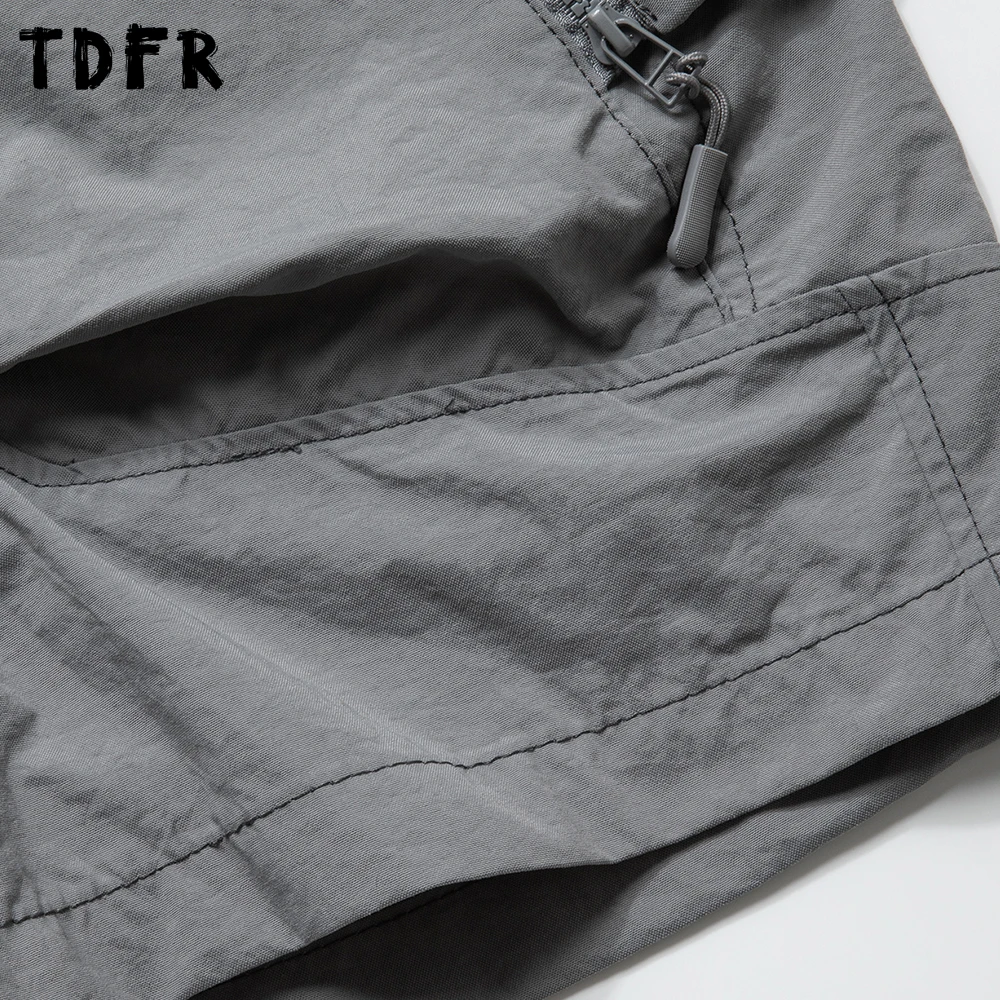 Pocket Cargo Shorts Mens Summer  Zipper Decoration Solid Color Safari Style Drawstring Waist Baggy Wide Leg Knee-length Shorts
