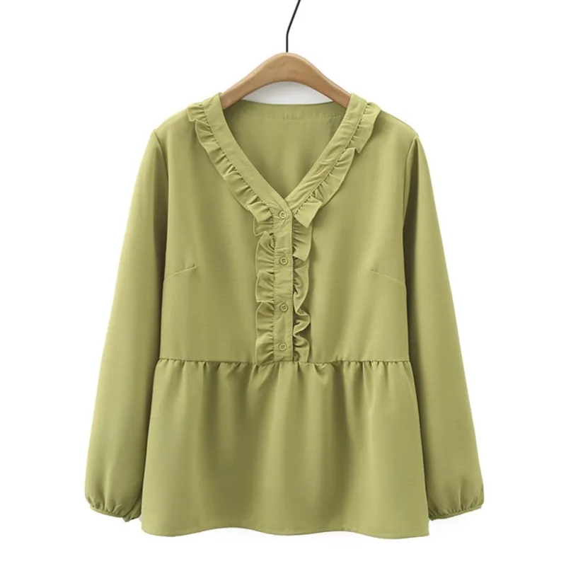 

Sweet Ruffle V-neck Shirt Women Plus Size Autumn Winter Casual Clothing Long Sleeve Blouses Green Tops T75 892