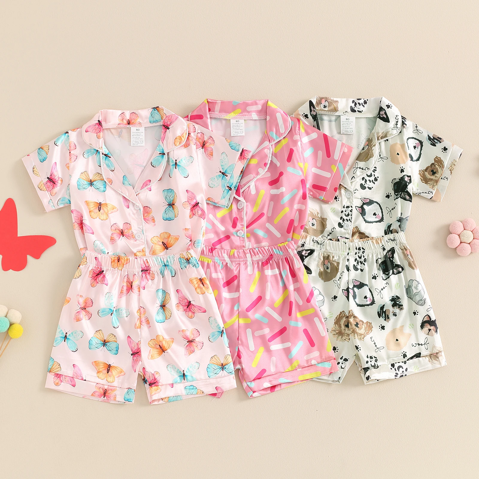 Kids Girls Satin Pajamas Set Dog Butterfly Print Short Sleeve Turn-down Collar Tops with Elastic Waist Shorts Sleepwear