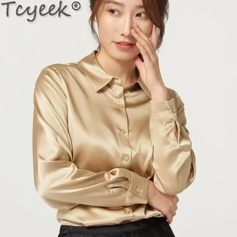 

Tcyeek 95% Mulberry Real Silk Heavyweight Silk Satin Blouses for Women 2023 Women's Clothing Spring Long Sleeved Shirt Tops Cjk