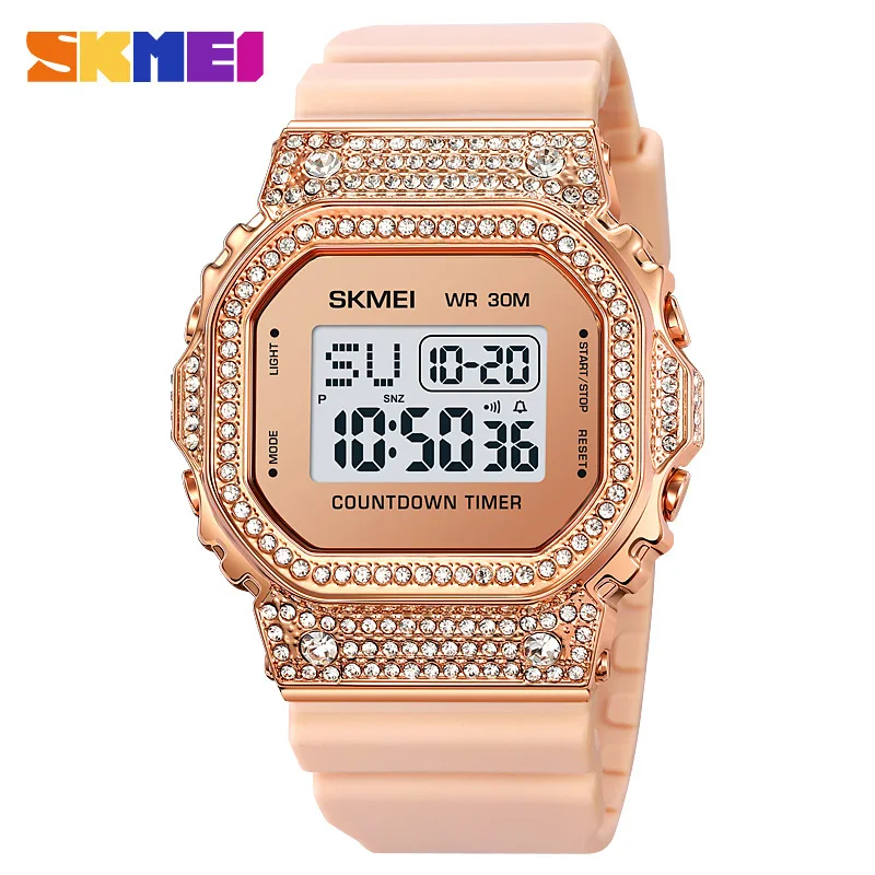 Skmei 2023 New Luxury Diamond-Embedded Women's Electronic Watch Female Student Electronic Watch Waterproof Digital Watch