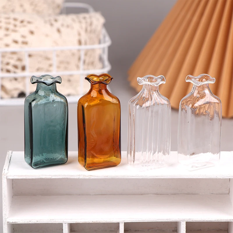 Dollhouse Miniature Clear Glass Candy Jar Mini Coffee Bean Storage Bottle Cuboid Flower Vase Model Kitchen Decor Toy