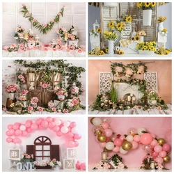 Pink Flowers Backdrop Baby Shower Portrait Indoor Photography Backdrop Wreath Wood Door Kids Birthday Party Background Photocall