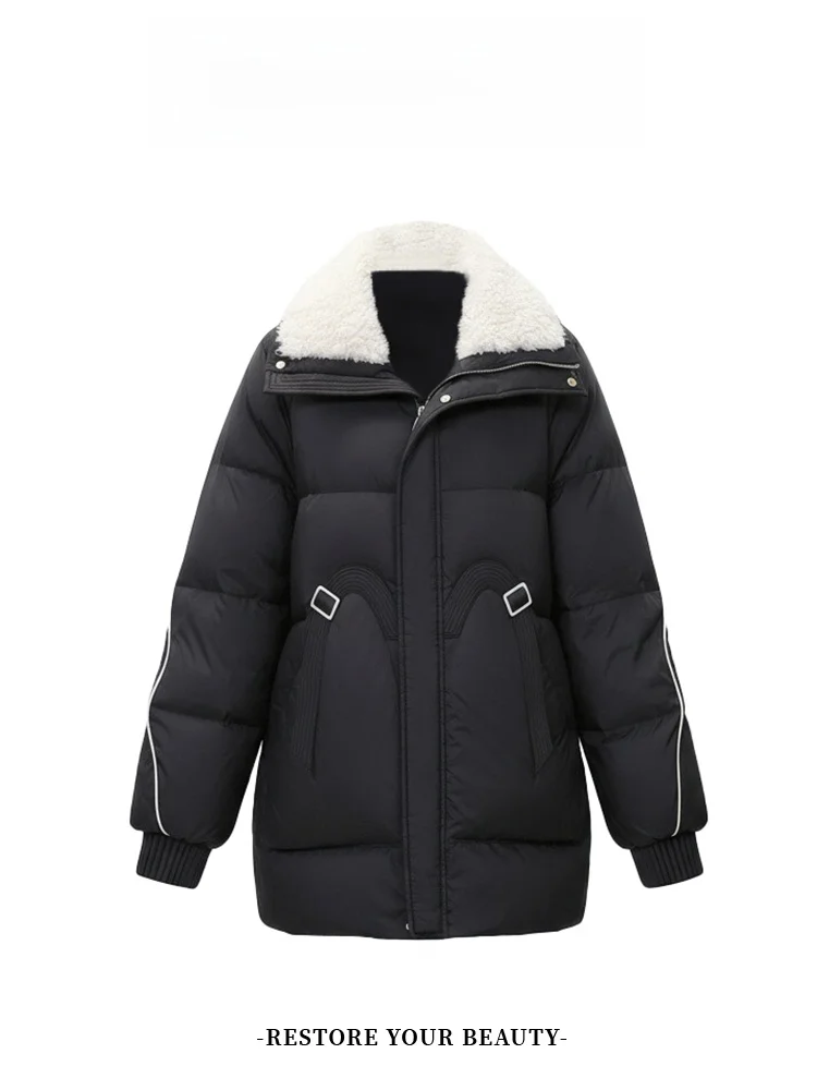 

Женская утепленная хлопковая куртка средней длины свободного кроя с меховым воротником в корейском стиле для повседневной носки