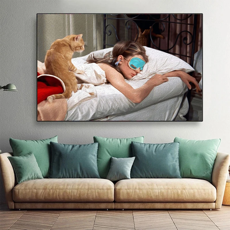 Vintage Audrey Hepburn Lie In Bed and Cat Canvas Paintings Posters Prints Wall Art Pictures for Living Room Wall Decor Cuadros