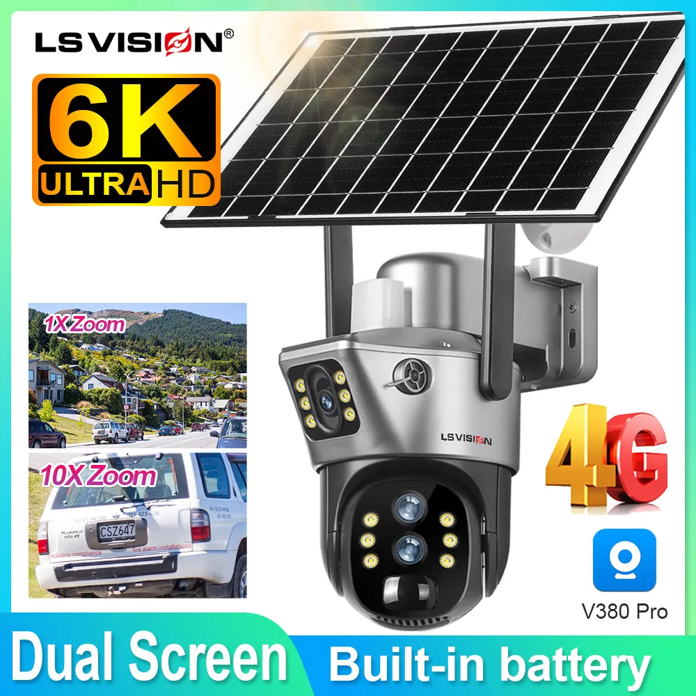 LS VISION 6K 12MP Dual Lens Solar Camera 10X Zoom 4G SIM Security Outdoor Camera Humanoid Tracking Color Night Vision Cam PTZ