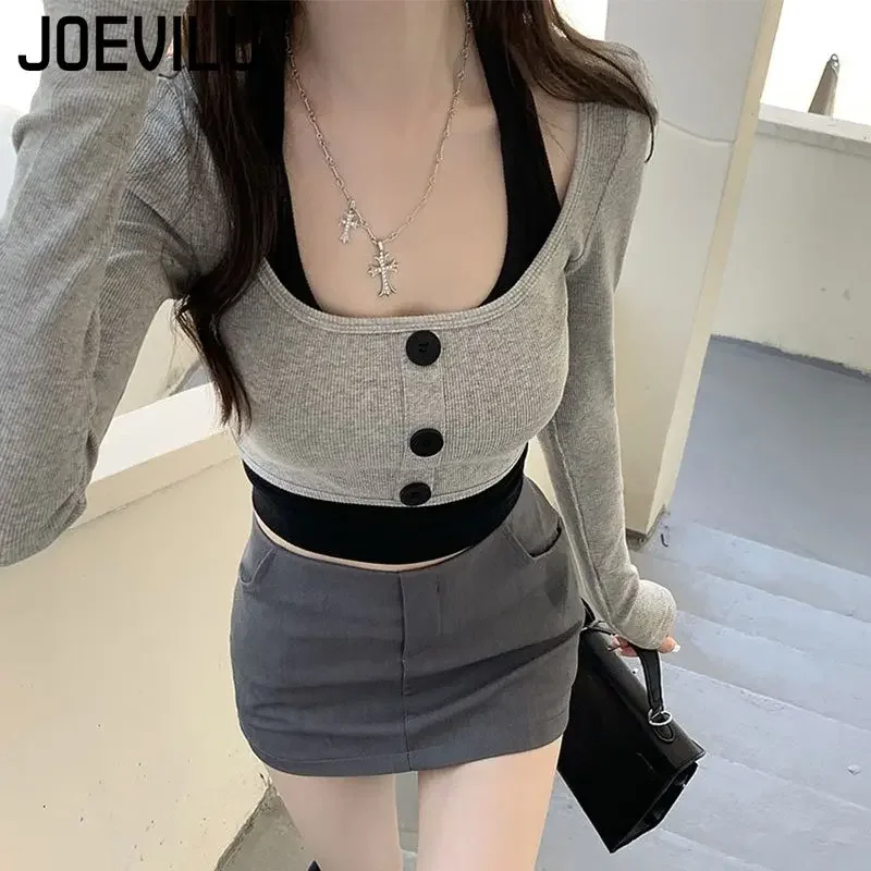 Women\'s Top Halter Vest 2 Piece Sets U Neck Long Sleeve Crop Tops Babes Korean Style Chic Short T-shirt Ladies Gothic Y2k Tees