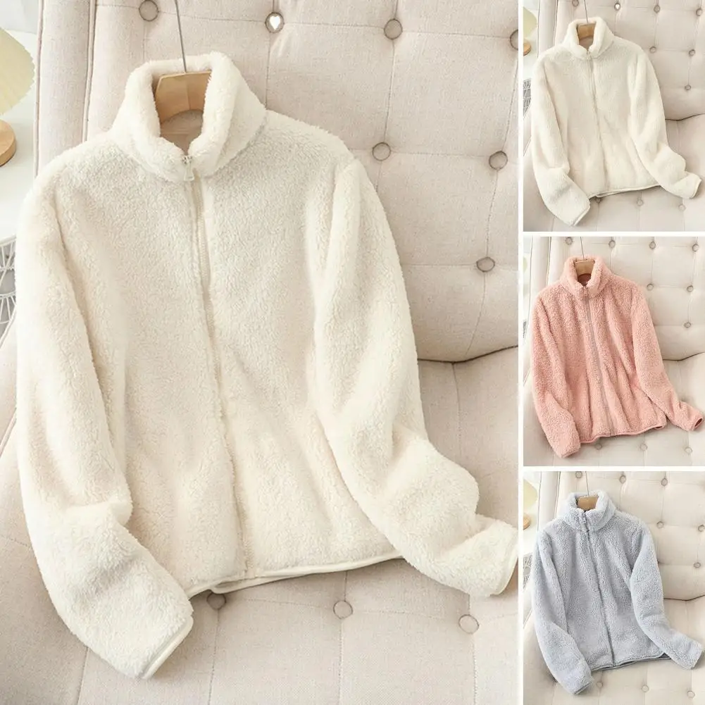 Stand Collar Coat Warm Winter Coat with Stand Collar Double-sided Fleece for Women Zipper Closure Solid Color Long for Weather