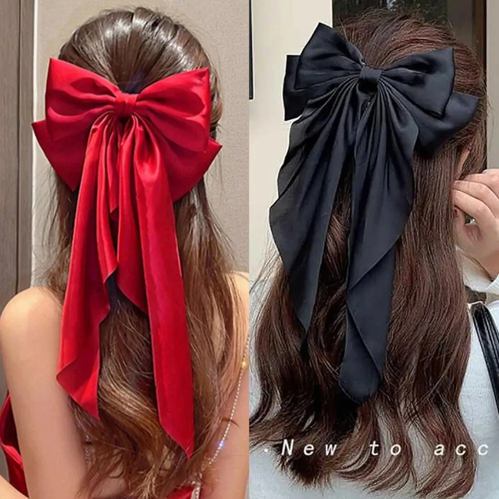 2PCS Elegant Bow Ribbon Hair Clip Fashion Simple Solid Satin Spring Clip Hair Pin Headband with Clips Girls Hair Accessories