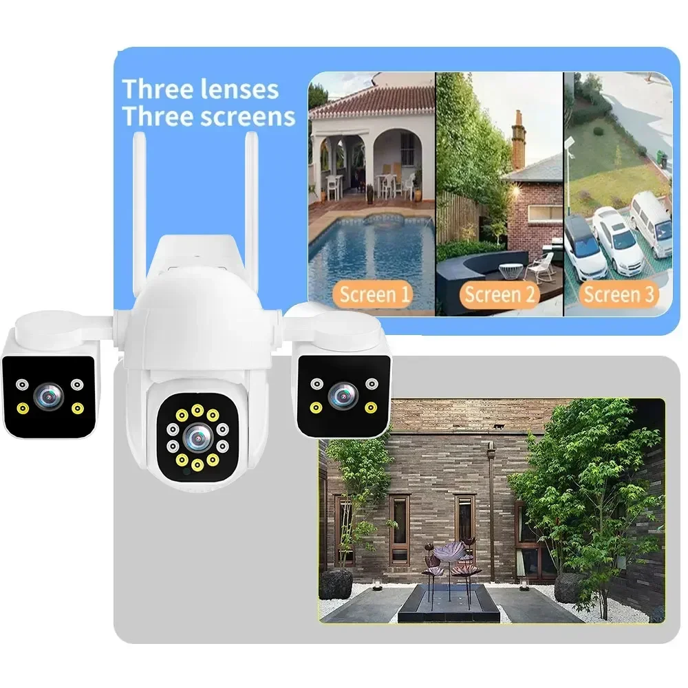 6K 12MP 3 Lens 3 Screens WiFi Outdoor Camera Ai Motion Tracking PTZ 4K Video Camera Security surveillance Camera IPC360 Home