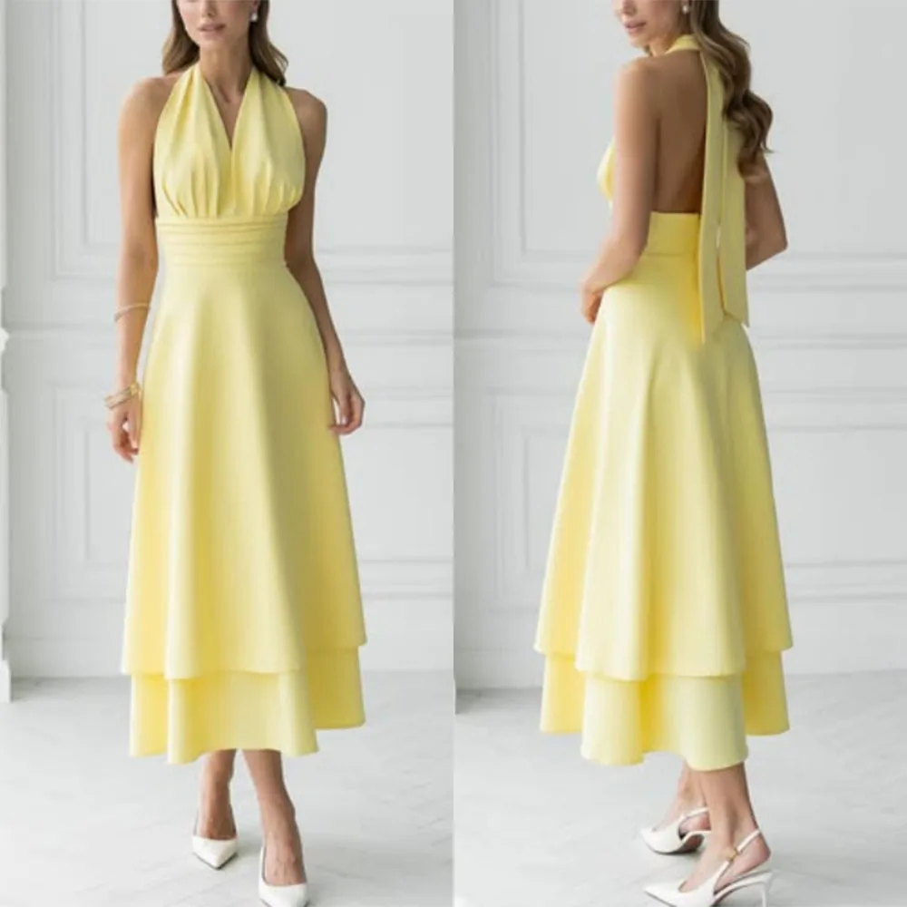 High Quality Customized Halter Yellow Ankle Length Sleeveless Backless Vestidos Para Bodas Mujer Invitada Prom Dress فساتين سهره