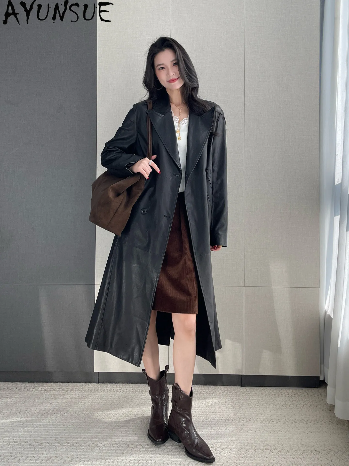 AYUNSUE 100% Sheepskin Real Leather Jacket Women Autumn Clothing Fashion Long Over Knee Womens Coats Loose Fit Casaco Feminino
