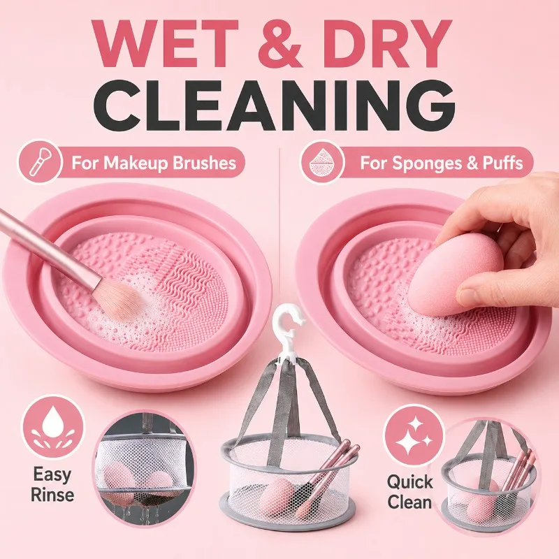 2-in-1 Silicone Makeup Brush Cleaner Bowl with Drying Basket, Foldable Beauty Sponge Puff Washing Pad for Travel Makeup Tools - view 2