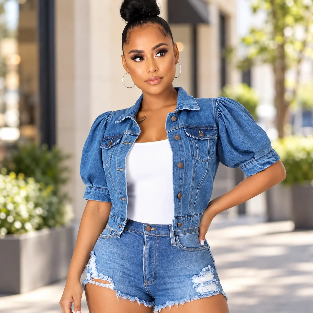 Puff Sleeve Short Sleeve Jacket Regular Fit Casual with Notched Collar Medium Weight Washed Finish Cropped Spring for Women
