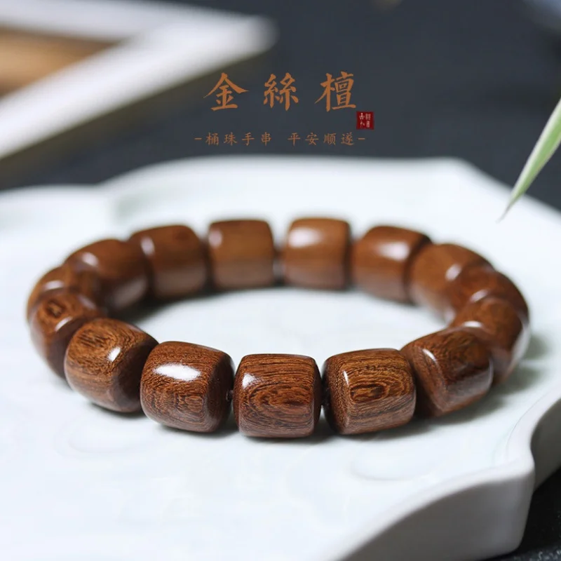 Natural Golden Line Ebony Barrel Bead Bracelet Men and Women Hand Toy Single Circle Log Prayer Beads Bracelet Crafts Gift Jewelr