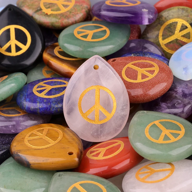 Peace Symbol Natural Stone Pendant Crystal Agate Teardrop Charm for Necklace Healing Gemstone Jewelry Making Supplies 25x33mm