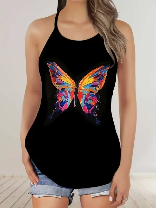 Plus Size  Women's Fashion Round Neck Tank Tops Ladies Flower Printed Letter Hollow Backless Cross Belt Tank Top