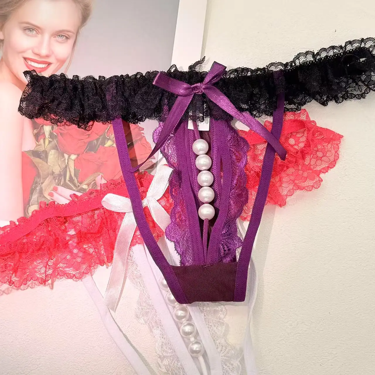 

Sexy Rolling Pearl Thong Lace Bow String For Sweetheart Barbie Personality Panties For Girlfriend and Hotwife's Charming Gifts