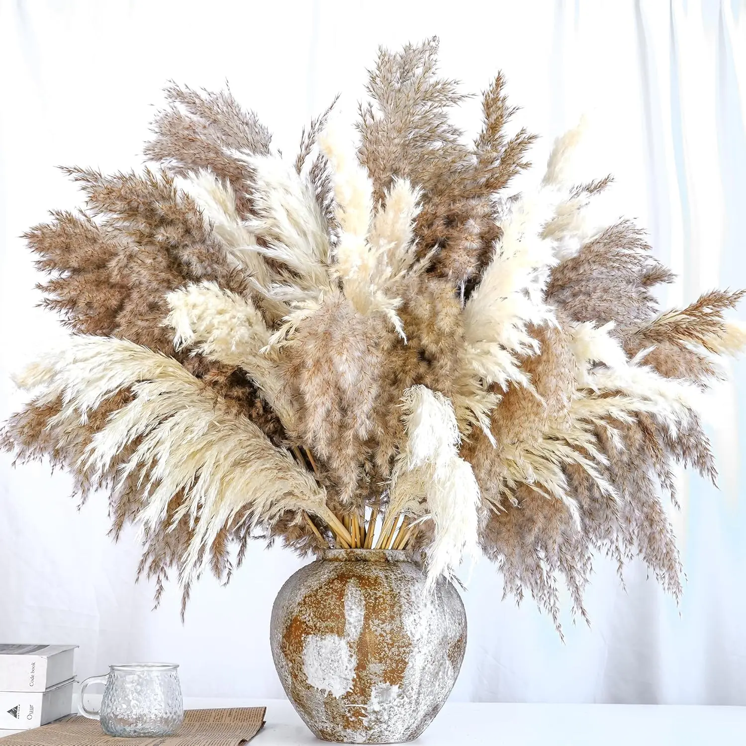 

20PCS Dried Flower Nature Pampas Grass Bouquet Decor Boho Flowers and Feathers for Vase Fillers Living Room and Wedding Decor