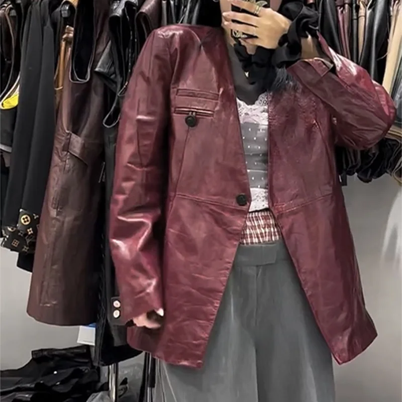 

High-End Oil Wax eepskin Vest Brown V-Ne Silhouette Women's Jaet Coat Sli Commute Wind Long Sve Mid-Length