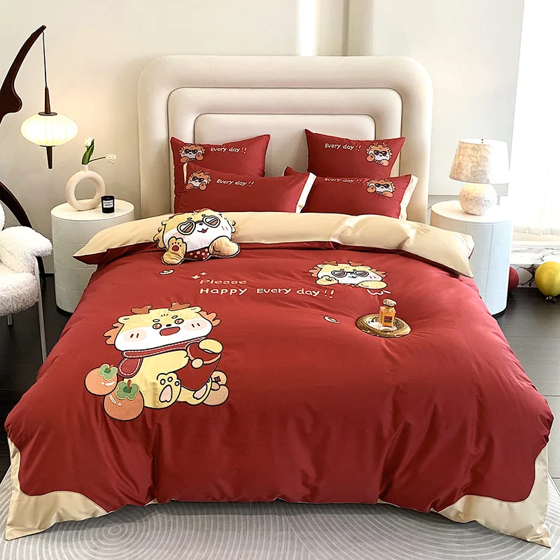 

New 100S Cotton Satin Long-Staple Cotton Dragon Year Limited Affixed Cloth Embroidered Four-Piece Set