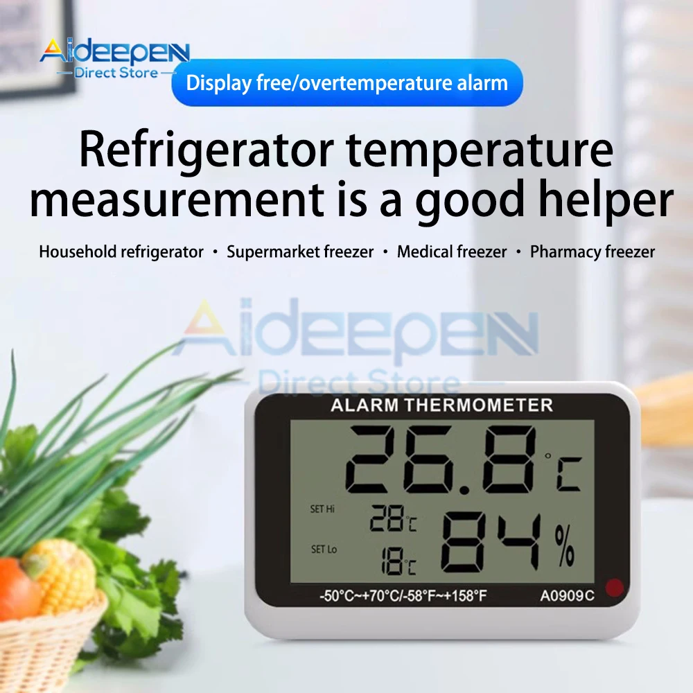 Termometro digitale LCD Igrometro Congelatore Igrotermografo Misuratore di temperatura e umidità alti/bassi con allarme ℃ / ℉   Interruttore