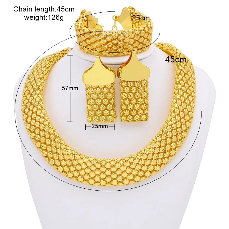 SUNNESA Trendy African Jewelry Set for Women Chunky Necklace Earrings Dubai Gold Plated Bracelet Fashion Jewellery for Party