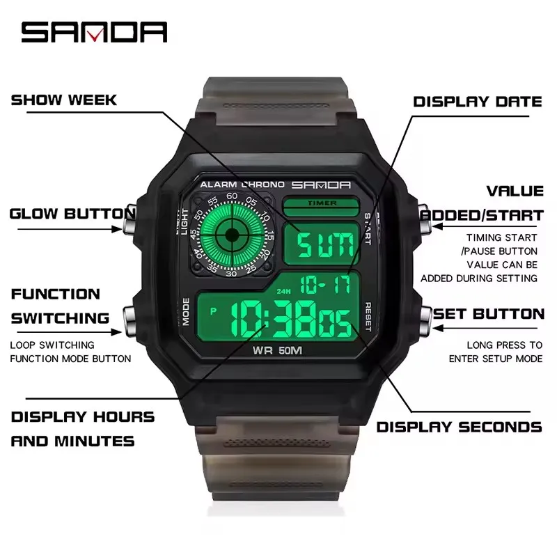 SANDA 6133 ساعات إلكترونية عصرية للرجال والنساء ساعة رياضية كاجوال شفافة بتقويم مضيء للجنسين ساعة يد رقمية