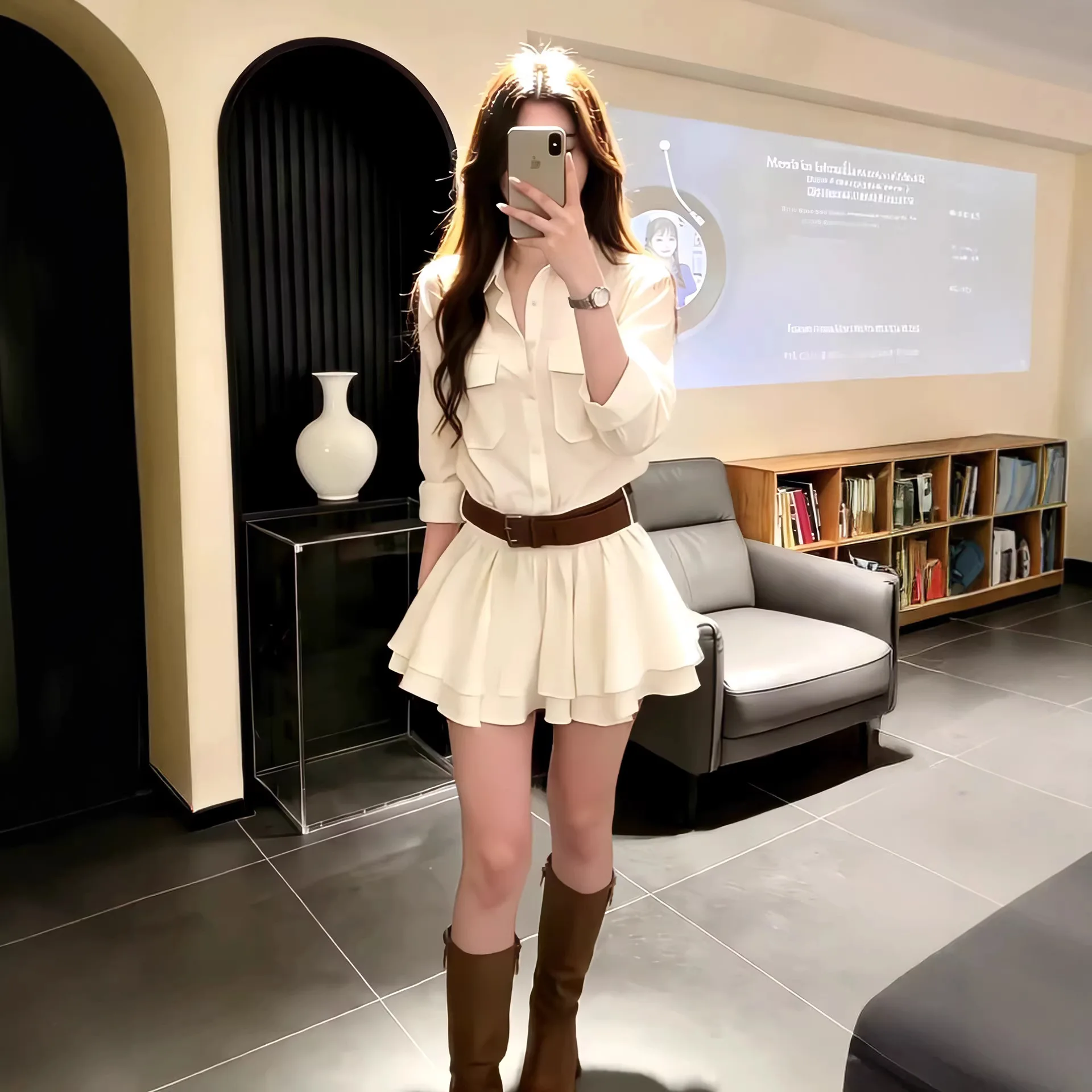 Chrysanthemum White Jasmine Shirt Design Sense Women's Dress Short Skirt Commute Style High Waist A-Line Polyester Fabric