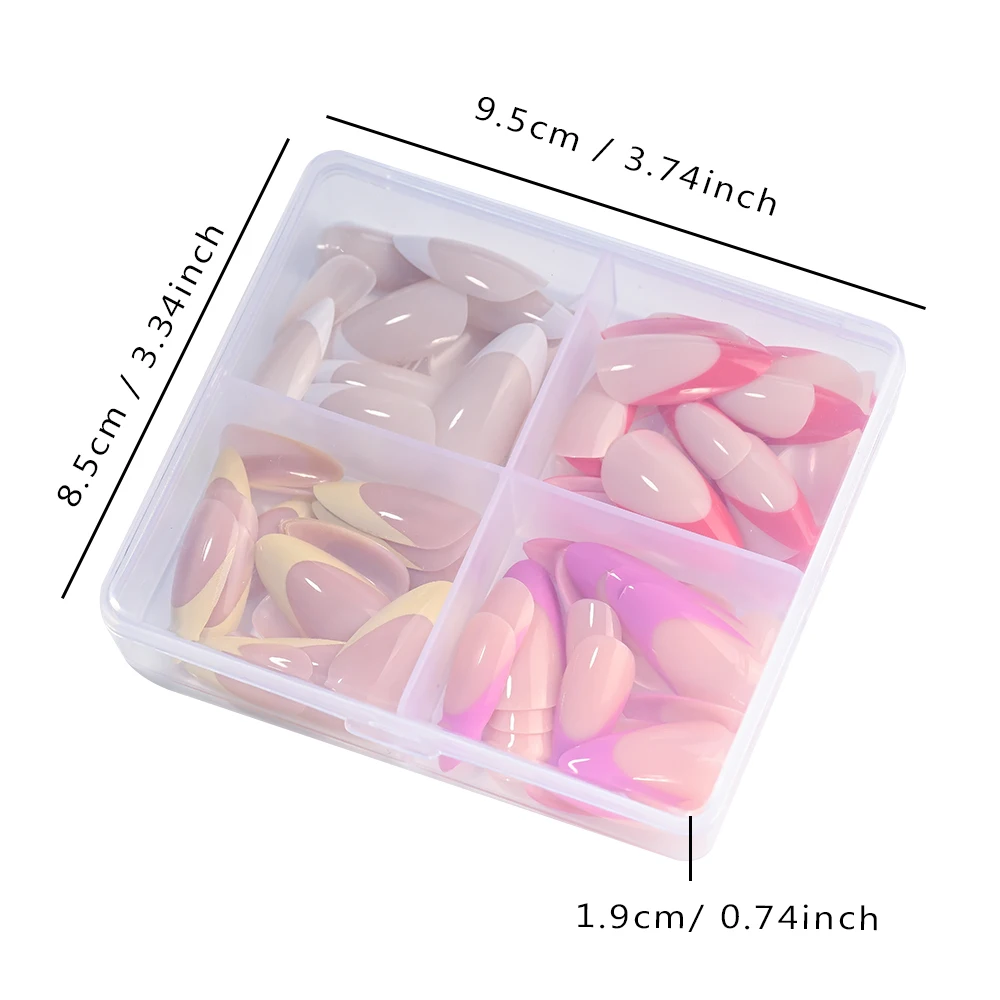 96 piezas de uñas postizas de almendra francesa, borde rojo/blanco/rosa/púrpura, cobertura completa, puntas de uñas postizas usables de Navidad para mujeres