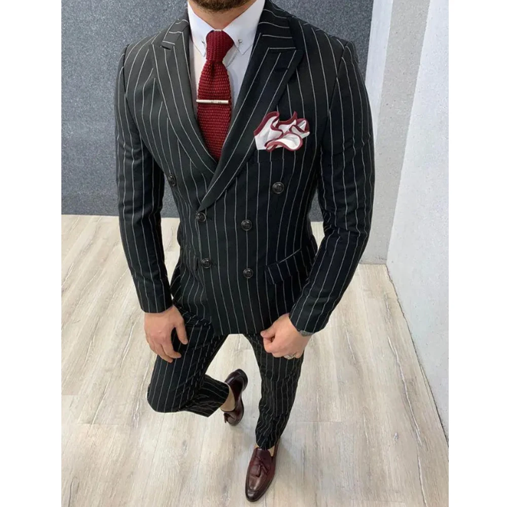 Elegant Striped Men Suits Chic Peak Lapel Double Breasted Black Male Suit Slim Formal Groom Best Men Wedding Tuxedo 2 Piece 012D