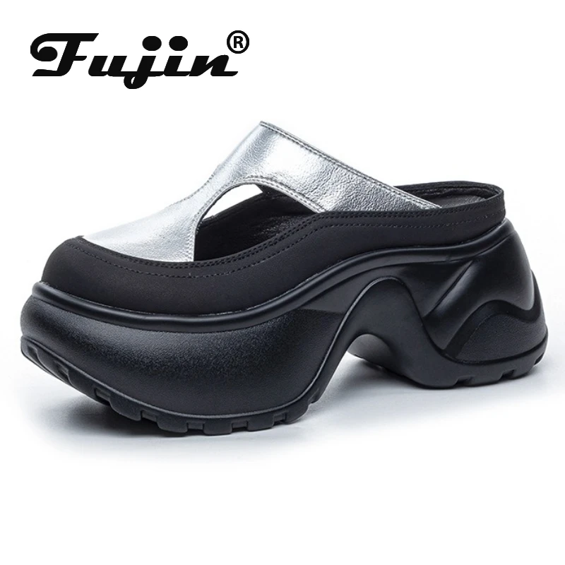 

Fujin 8 см дышащие сандалии из искусственной кожи из микрофибры, тапочки на плоской подошве, женские туфли без шнуровки на танкетке, обувь высокого бренда с круглым носком