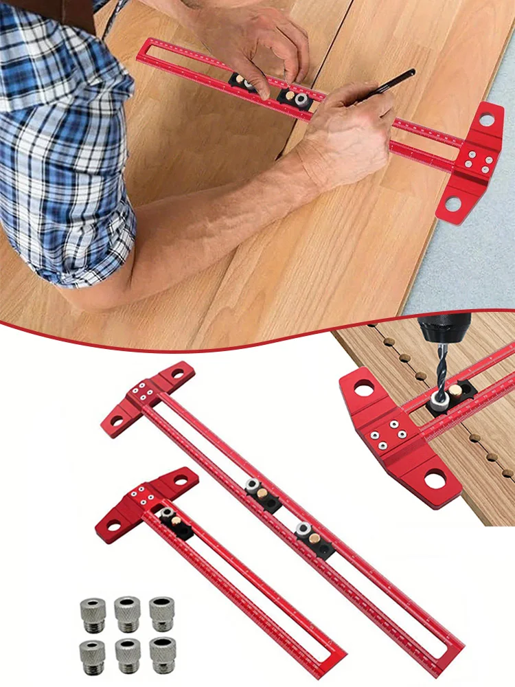 2 in1 Drilling Positioning Scoring Ruler Woodworking Aluminum Scriber Marking T Square Dowelling Jig with 6/10mm Drill Sleeve