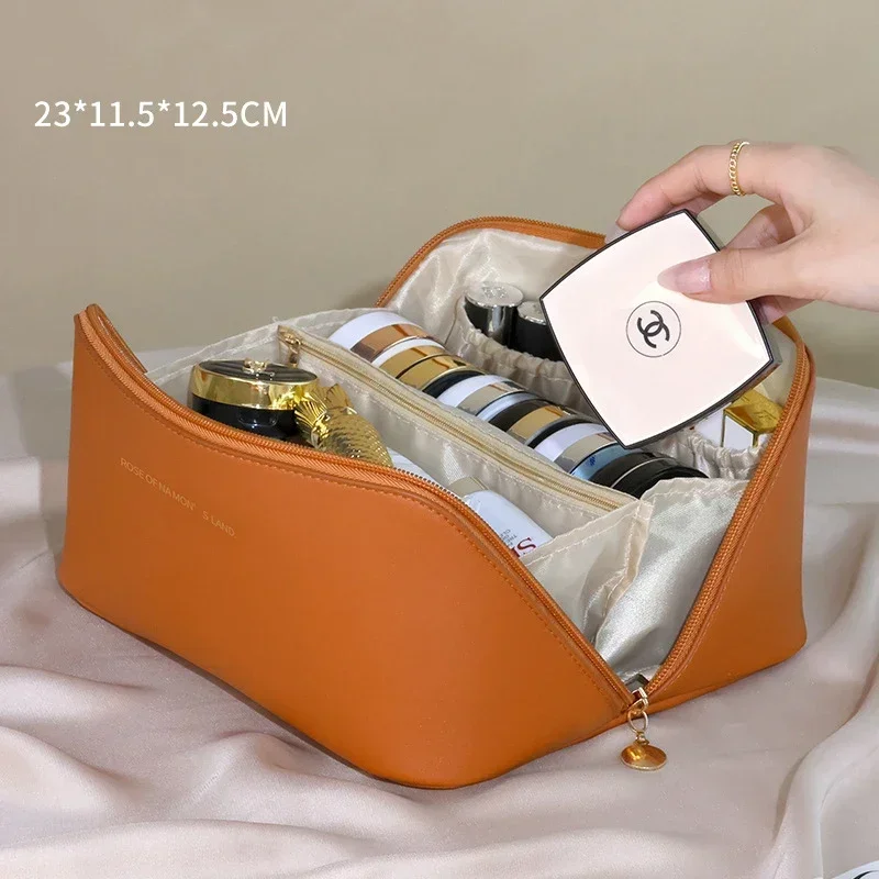 Leather Travel Makeup Bag Large Capacity Portable Makeup Storage Case Waterproof Multifunctional Toiletry Organization Handbag