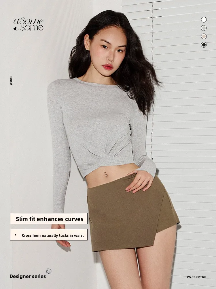 

Asomesome American Sle Long Sve T-irt Women Summer Design Slimming Belly Baring Spor Top Crossed Pleated Casual Fit
