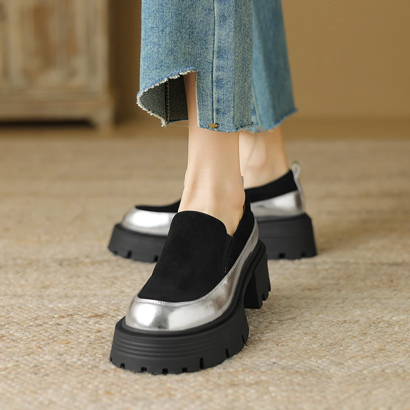 المتسكعون النساء من جلد الغزال منصة الانزلاق على نغمتين جولة تو كسول أزياء عارضة أحذية وحيد مكتنزة