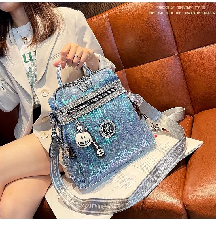 High Quality Glitter Shiny Sequins Fashion Backpack Large Capacity Women's Handbag Lady Purse Shoulder Messenger Bag Travel Bag